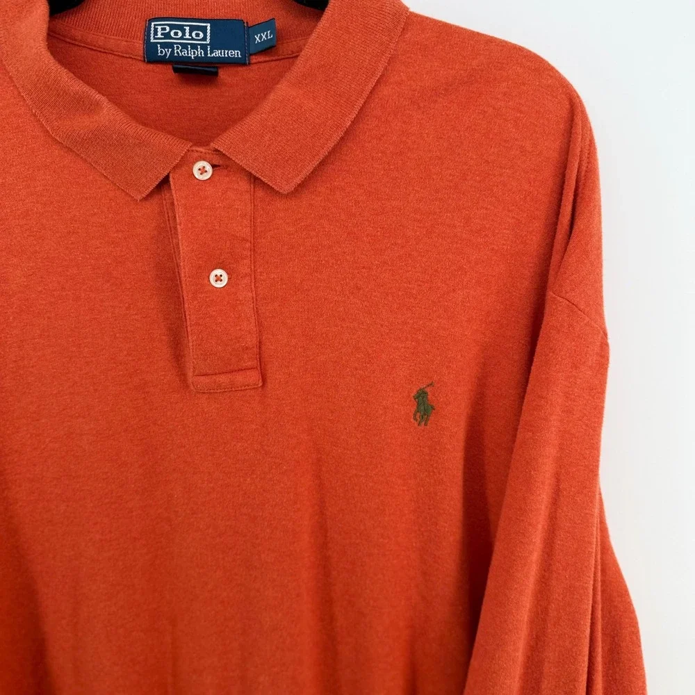 Polo Ralph Lauren Men's XXL Orange Long Sleeve Polo Shirt Cotton Olive Pony